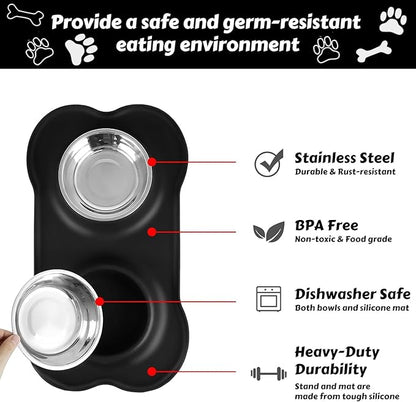 Pet Deluxe Dog Bowls Stainless Steel Dog Food Water Bowl Set with Stand, Feeding Bowls No Spill Non-Skid Silicone Mat, Dog Dishes for Small Medium Large Size Dog Puppy Pet Food Bowls, Black, 4 Cup