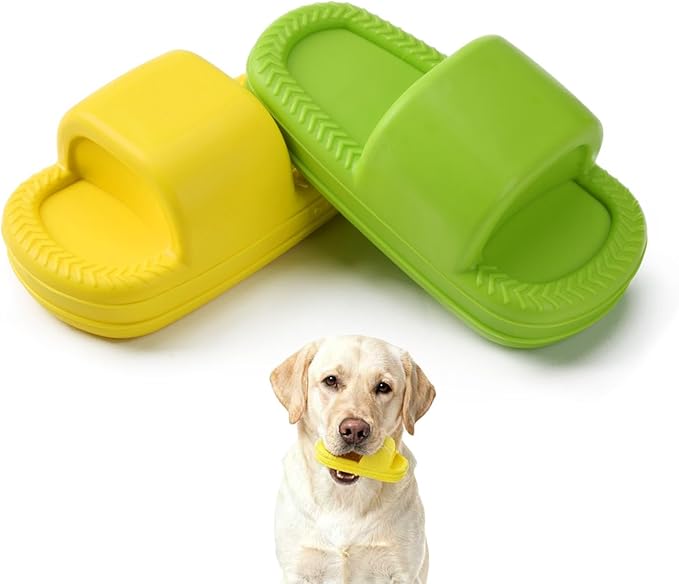 MECOOL Dog Toy 2PCS Unbreakable Slippers Squeaky Dog Toys for Teehing Chewing Size for Medium and Samll Breeds,Yellow and Green