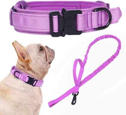 Xqpetlihai Tactical Dog Collar and Leash Set Adjustable Military Nylon Dog Collar with Control Handle and Heavy Duty Metal Buckle for Large Dogs（Purple S