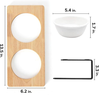FUKUMARU Elevated Cat Ceramic Bowls, Small Dog Raised Food Feeding Dishes, Solid Wood Water Stand Feeder Set for Cats and Puppy