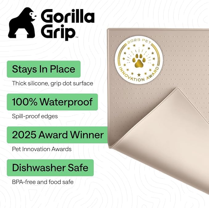 GORILLA GRIP 100% Waterproof Raised Edge BPA Free Silicone Pet Feeding Mat, Dog Cat Food Mats Contain Spills Protects Floors, Placemats for Cats and Dogs Water Bowl, Pets Accessories 23x15 Cream