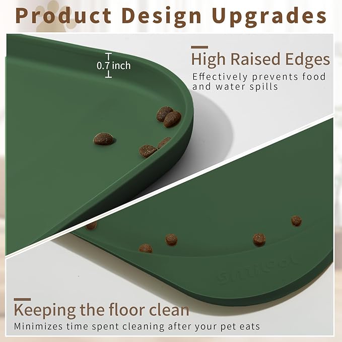 Silicone Pet Food Mat with Raised Edge for Food and Water Bowl, Dog Feeding Mats, Cat Food Trays for Floor Waterproof, Rubber Tray for Dogs and Cats, 19 x 12 x 0.7 Dark Olive