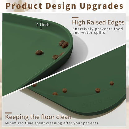 Silicone Pet Food Mat with Raised Edge for Food and Water Bowl, Dog Feeding Mats, Cat Food Trays for Floor Waterproof, Rubber Tray for Dogs and Cats, 19 x 12 x 0.7 Dark Olive