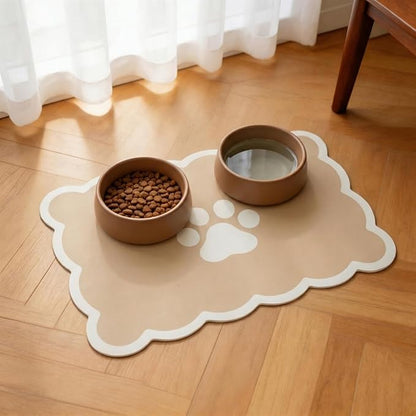 Absorbent Pet Food Mat, Scalloped Edge Dog Cat Bowl Mat with Rubber Backing, Quick-Dry Leather Feeding Mat for Messy Drinkers, 12" x 20", Beige