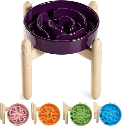 LE TAUCI Ceramic Slow Feed Dog Bowls, Elevated for Small and Medium Breed Dogs, Anti-Gulping Pet Feeding Dishes, Maze Purple, 1.5 Cups