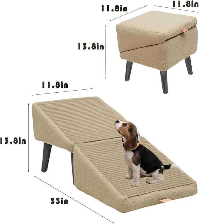 Split Ottoman Dog Ramp, Suitable for Porch Steps, Outdoor, Multifunctional Folding Ramp Stairs, Bed and Sofa Integrated, Large and Small Dog Pet Sofa Steps, 13.8 Inches (Off-White)