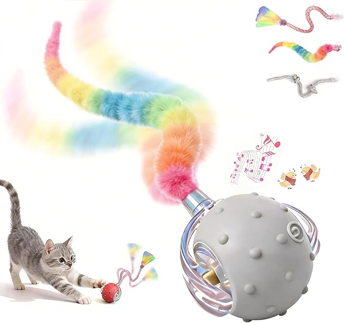 Interactive Cat Toys for Indoor Cats with 3 Interchangeable Tails - Automatic Moving & Chirping Ball, Self Play Toy for Playful Kittens & Bored Cats Home Alone (Gray)