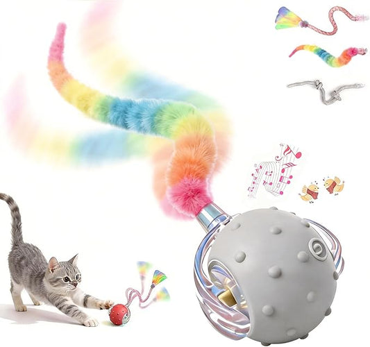 Interactive Cat Toys for Indoor Cats with 3 Interchangeable Tails - Automatic Moving & Chirping Ball, Self Play Toy for Playful Kittens & Bored Cats Home Alone (Gray)