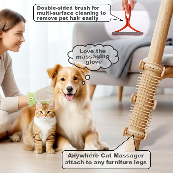 Petpals Pet Hair removal Tool, Portable Flexible Cat Massager,2 in 1 Pet Grooming Glove, Cat/Dog Hair Removal Brush for Rugs, Couch, Furniture, 3 in 1 Bundle,Valuable Kit