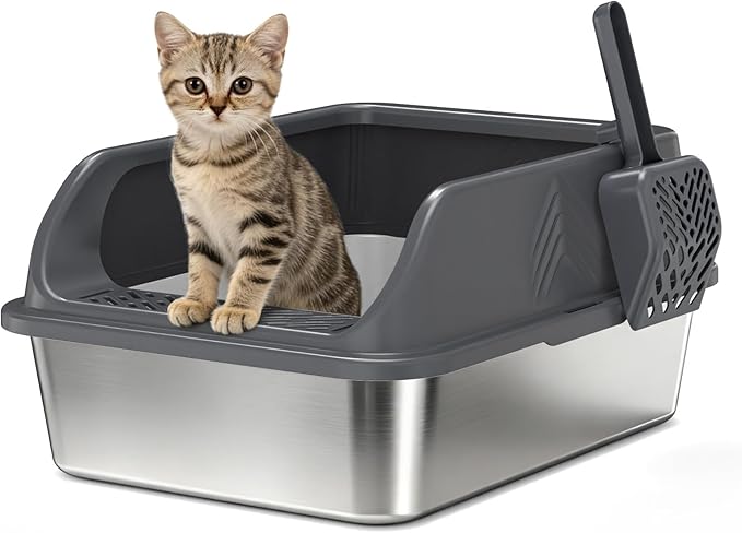 Small Stainless Steel Litter Box with Lid for Kitten, Metal Cat Litter Boxes High Sided Enclosed for Injured Cats and Rabbit, Anti-Urine Leakage | Non-Stick Bottom & Includes Scoop
