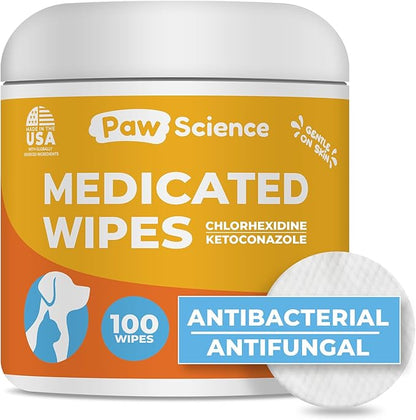 Antibacterial & Antifungal Medicated Wipes for Dogs and Cats – 100 Count - Chlorhexidine Wipes with Ketoconazole for the Treatment of Rashes, Skin Infections, Itchy Paws, and Pet Acne