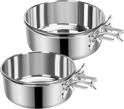 2 Pcs Medium Dog Food Water Bowl for Cage with Upgraded Clamp Holder, Pet Kennel Hanging Bowls Stainless Steel Non-Spill Detectable Bowls Crate Feeder for Medium Dogs (6.3x2.3'' & 5.5x2'')