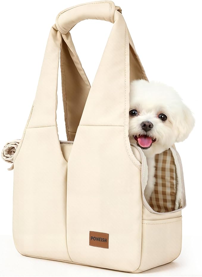 Dog Purse Carrier for Small Dogs and Cats, Soft-Sided Pet Tote Bag with 6 Large Pockets, Collapsible Travel Puppy Carrier, Fits Pets up to 16 lbs (Beige, 17.5" L x 8" W x 12" H)