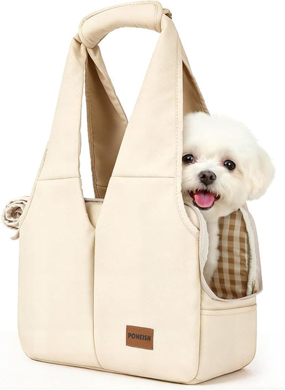 Dog Purse Carrier for Small Dogs and Cats, Soft-Sided Pet Tote Bag with 6 Large Pockets, Collapsible Travel Puppy Carrier, Fits Pets up to 13 lbs (Beige, 15.7" L x 8" W x 11.8" H)