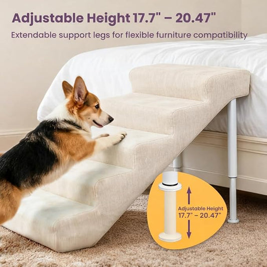 Leather Dog Stairs, 19.7" Extra Wide Dog Steps for Bed & Sofa, Adjustable Height 17.7"-20.47” Pet Ramp for Small to Large Dogs, Holds Up to 150 lbs（5-Step）