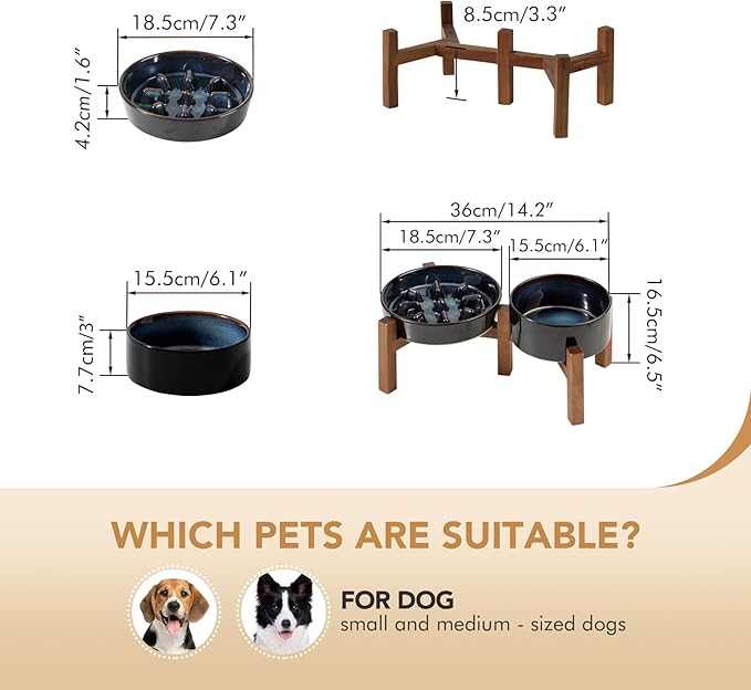 Ceramic 1.2 Cup Raised Slow Feeder Dog Bowl Set, Elevated 6.1inch Bowl and 7.3inch Slow Feeder Dish with Acacia Wood Stand for Small and Medium Dogs (2 x Starry Sky+ Stand)