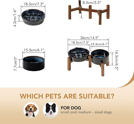 Ceramic 1.2 Cup Raised Slow Feeder Dog Bowl Set, Elevated 6.1inch Bowl and 7.3inch Slow Feeder Dish with Acacia Wood Stand for Small and Medium Dogs (2 x Starry Sky+ Stand)