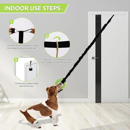 Dog Rope Toys Set with Door Anchor, Interactive Bungee Tug Toy for Indoor and Outdoor Play, Black and Green