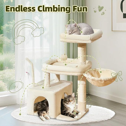 Taoqimiao MS043M Cat Tree, 32.2-Inch Cat Tower for Indoors Cats, Cat Condo with Large Cat Perch, Spacious Cat Cave, Scratching Posts for Small and Medium Cats, Beige