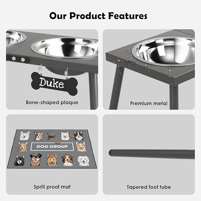 Elevated Dog Bowls for Large Extra Large Pet, Raised Dog Bowl Stand with Sprill Proof Mat and Bowls (2000ml/70oz), Pet Food & Water Bowl 15.5" Tall Dogs Feeder for Extra Large Breed, Grey