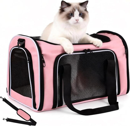 Airline Approved Cat Carrier, Soft Sided Pet Carrier for Small Dogs Cats up to 15lbs, Collapsible Sturdy Cat Travel Carrier, Claw-Resistant Mesh & Self-Locking Zippers (17.7x10.8x11) (Pink)
