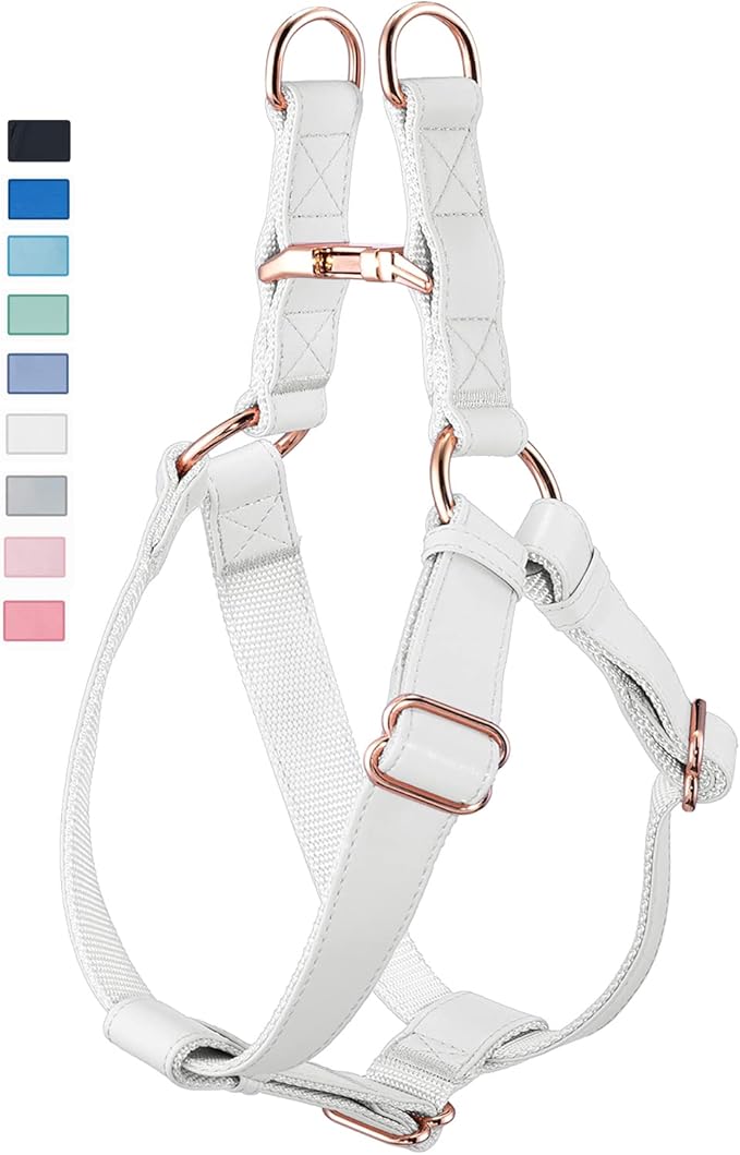 Soft Leather No Pull Dog Harness - Adjustable Step in Dog Harness with Rose Gold Heavy Duty Metal Buckle, Freedom Nylon Dog Halter Vests for Small Medium Large Dogs Easy Walking Training (White,L)