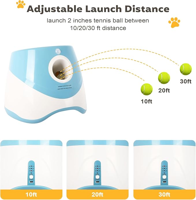Dollate Automatic Ball Launcher for Small Dogs,Interactive Toys Dog Ball Thrower Machine with 10-30Ft 3 Launching Distance,Indoor & Outdoor with 15 Mini Tennis Balls (2 inch),Blue