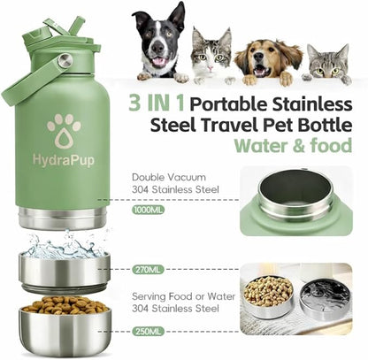 32oz Insulated Water Bottle with Dog Bowls – Human & Pet Shared Use, Stainless Steel Leakproof Travel Bottle (Sage Green)