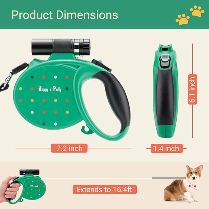 Happy & Polly Retractable Dog Leash with Flashlight, Protective Bungee Leash, Convenient Hook, 16.4ft Reflective Fishing Line Weaved Strong Tape, One- Handed Release, Pause, Lock Green