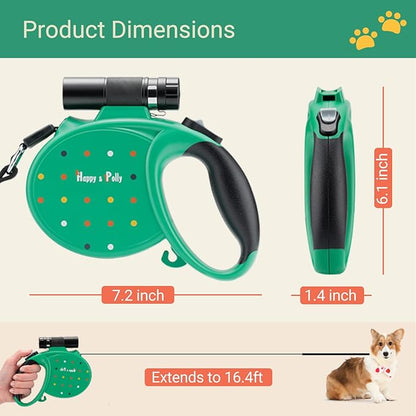 Happy & Polly Retractable Dog Leash with Flashlight, Protective Bungee Leash, Convenient Hook, 16.4ft Reflective Fishing Line Weaved Strong Tape, One- Handed Release, Pause, Lock Green