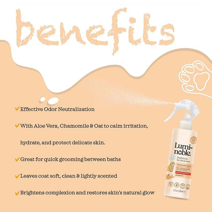 Prebiotic Dog Deodorizer Spray Perfume, Vanilla & Oatmeal Scented, Hypoallergenic Skin Care, Alcohol-Free Odor Remover for Dogs, Prebiotic Formula to Refresh & Hydrate Sensitive Skin & Coat, 8 oz