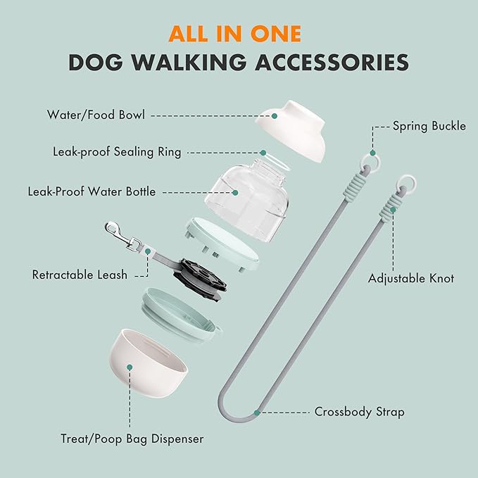 Dog Water Bottle Portable with Hands Free Leash, 3 in 1 Dog Water Bottles for Walking with Crossbody Strap, Retractable Leash & Treat Poop Bag Dispenser for Small Dogs Travel Hiking(Off-White)