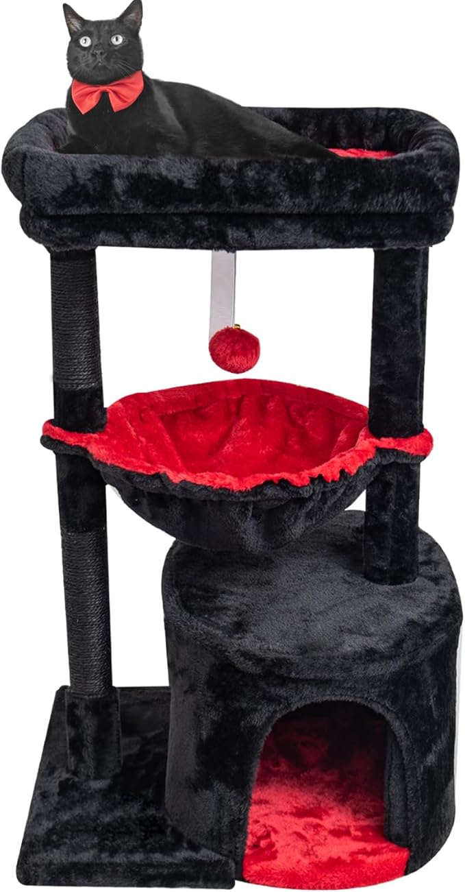 SYANDLVY Gothic Cat Tree with Coffin Bed for Indoor Cats, Small Cat Tower with Scratching Post, Modern Activity House Condo with Cradle, Kittens Cave, Black & Red