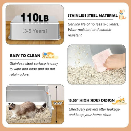 Vivifying Stainless Steel Litter Box with Lid, XL Side Entry Extra Large Litter Box for Big Cats & Kitty, Removable Enclosed Metal Cat Pan with High Sided Enclosure, Scoop, Mat, Footboard (Beige)