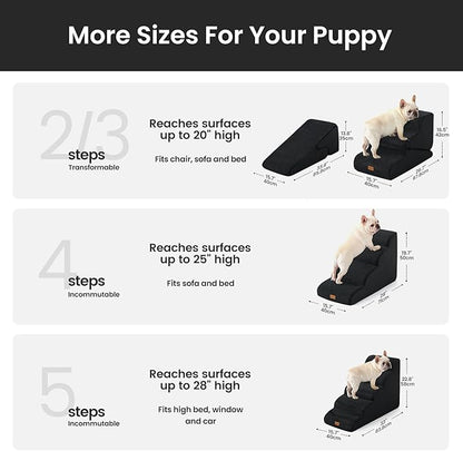 Gardner Pet Dog Stairs for Small Dogs 16.5" H, 2 in 1 Transformable 3-Step Pet Stairs and Dog Ramp for Couch (13-20 in), Black Adjustable Pet Steps with Non-Slip Waterproof Cover and CertiPUR-US Foam