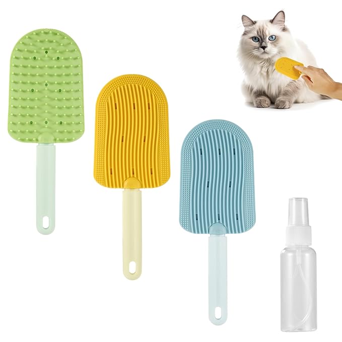 3pcs Cat Tongue Combs, 2024 New Cat Grooming Brushes with 1 Spray Bottle Cat Shedding Brush for Long Haired Cats Ice Cream Cat Fur Remover Comb for Easily Removes Fur Reducing Hairballs