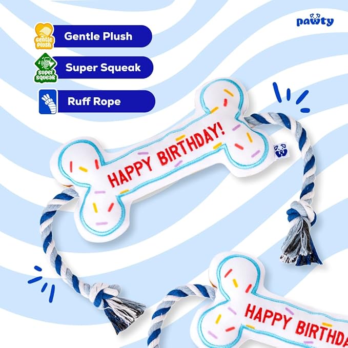 PAWTY Birthday Bone Dog Toy - Funny Interactive Tug Rope Squeaky Dog Birthday Gift - Plush White Bone Toy for Small Medium Dogs - Dog Birthday Party Supplies