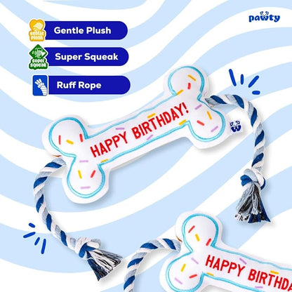 PAWTY Birthday Bone Dog Toy - Funny Interactive Tug Rope Squeaky Dog Birthday Gift - Plush White Bone Toy for Small Medium Dogs - Dog Birthday Party Supplies