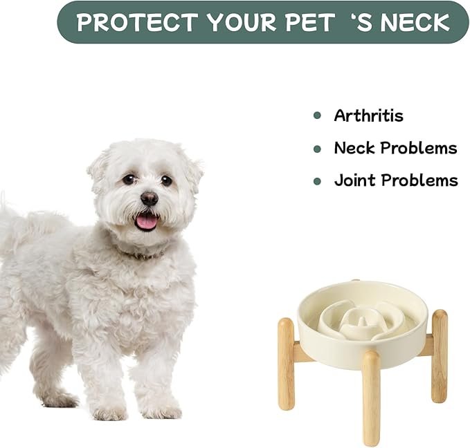 Ceramic 0.9 Cup Raised Dog Slow Feeder Set, Elevated Bowl with Wooden Stand for Small Dog and Cat, 6.1inch Puzzle Slow Dog Food Dish, Anti-Gulping(Light Yellow, Single Bowl+ Stand)