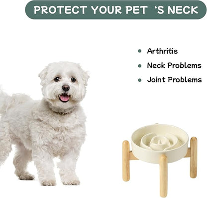 Ceramic 0.9 Cup Raised Dog Slow Feeder Set, Elevated Bowl with Wooden Stand for Small Dog and Cat, 6.1inch Puzzle Slow Dog Food Dish, Anti-Gulping(Light Yellow, Single Bowl+ Stand)