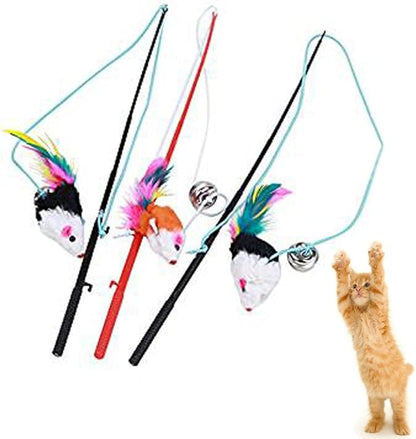 Giveme5 3pcs Funny Pet Feather False Mouse with Plastic Stick 31cm and Small Bell Cat Kitten Playing Scratch Toy (Color Random)