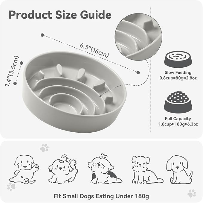 Ceramic Slow Feeder Dog Bowl - Feeding Dish for Fast Eaters - Maze Dog Bowl to Slow Down Eating - Ideal Food Control Dish for Small Breeds - 0.8 Cups (80g) - 6.3 Inch - Grey