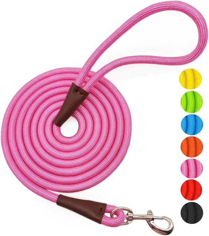 MayPaw 4/6 /8/10 FT Dog Leash, Classic Solid Colors, Strong Nylon Rope Dog Leash Reinforced with Leather Tailor Connection Heavy Duty Silver Clasp (Pink, 4ft*1/2")