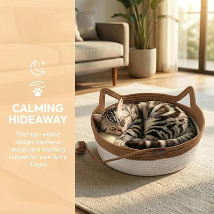 Stimulicat Handwoven Cat Basket – Foldable Cat Hammock with Scratching Area & Interactive Rope Ball – Breathable Pet Bed with Cat Ear Handles – Machine Washable & Portable (White-Pink)