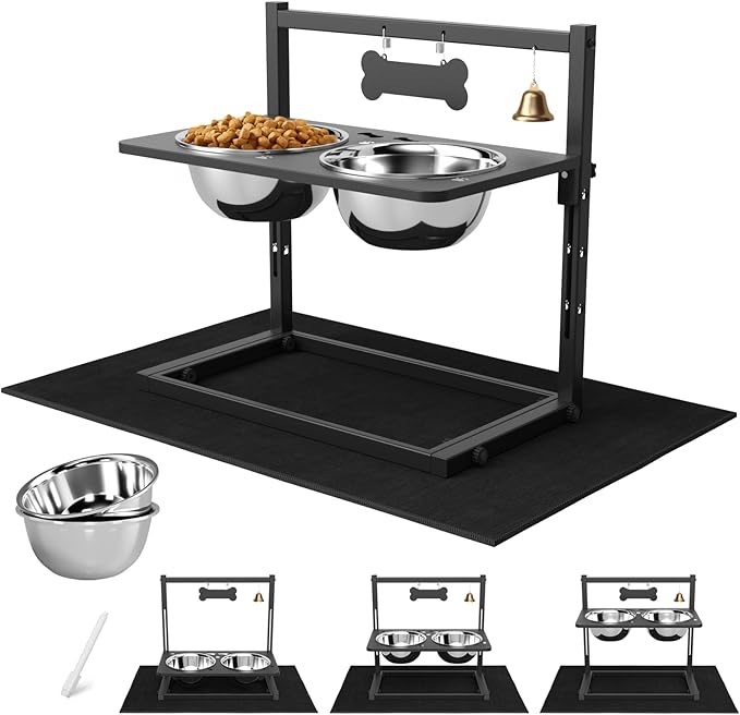 SHAINFUN Elevated Dog Bowls with Mat, Adjustable Height 4.3''-11.8'', Metal Stand, Two 1.7L Stainless Steel Food & Water Bowls for Large, Medium Dogs