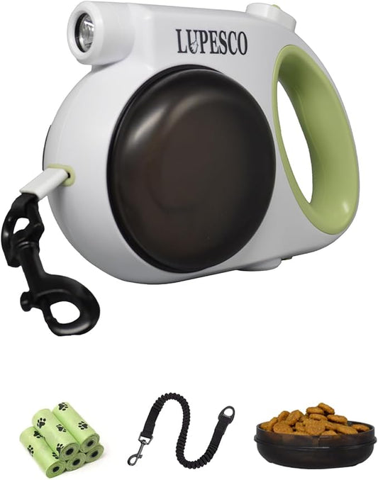 Retractable Dog Leash – 13ft Tangle-Free Lead with Bungee Extender, LED Flashlight, Dual Bowls for Food & Water, Poop Bag Dispenser (Includes 5 Rolls) – for Outdoor Walking Dogs up to 55 lbs (Green)