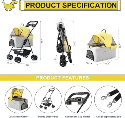3-in-1 Pet Stroller for Small Dogs and Cats, Folding Lightweight Dog Stroller with Detachable Carrier Portable Cat Puppy Jogging Stroller with Cup Holder and Storage Basket, 4 Wheels