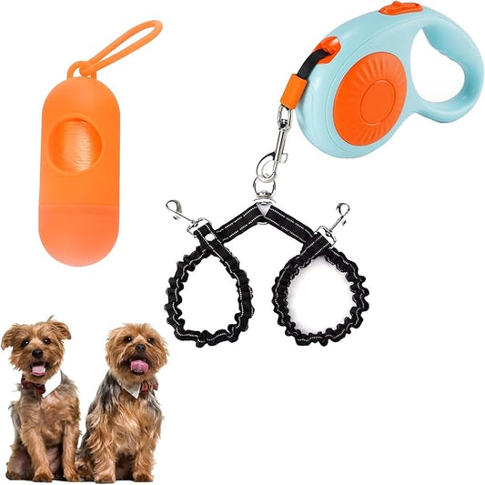 Double Dog Leash for Walking 2 Small Dogs (Up to 33 Lbs Each), Dual Retractable 9.8ft Extendable Strong Nylon Tape Pet Leash with Poop Bags, One-Handed Brake, Pause, Lock (Orange)