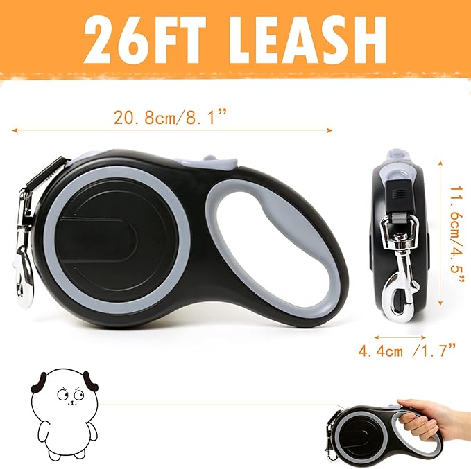 26Ft Retractable Dog Leash, Heavy Duty Great Leash for Dog up to 110 lbs, Anti-Slip Rubberized Handle, One-Handed Brake, Strong Nylon Tape, Tangle Free(Large Size).