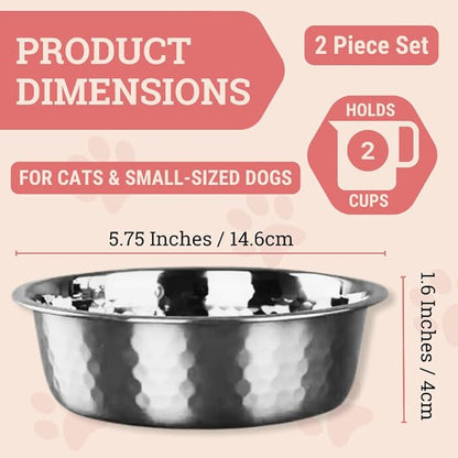 2pcs Stainless Steel Dog Bowls, Hammered Thickened Metal Dog Bowl Feeding or Water Bowls for Small/Medium/Large Sized Dogs & Cats Stackable Metal Cat Bowl Dishwasher Safe, Silver